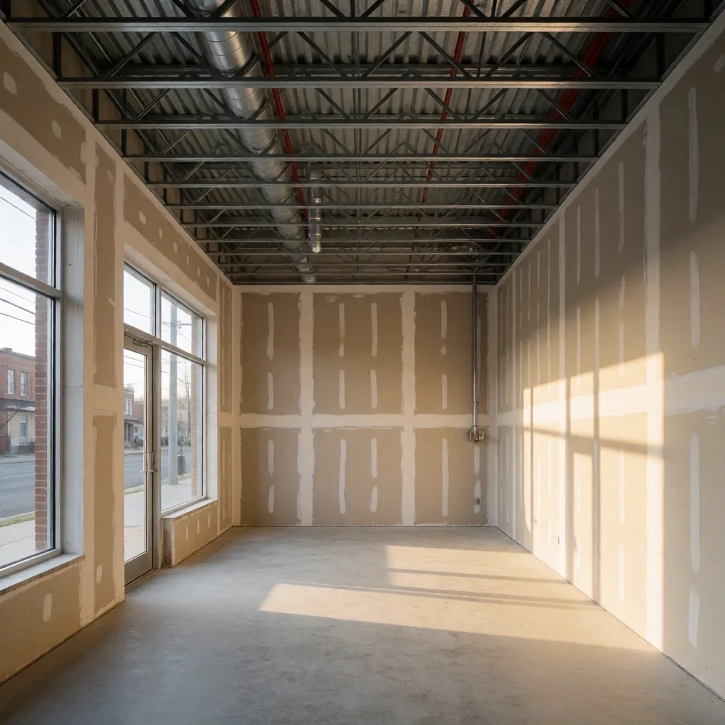 Interior de local comercial sin habilitar con instalaciones vistas