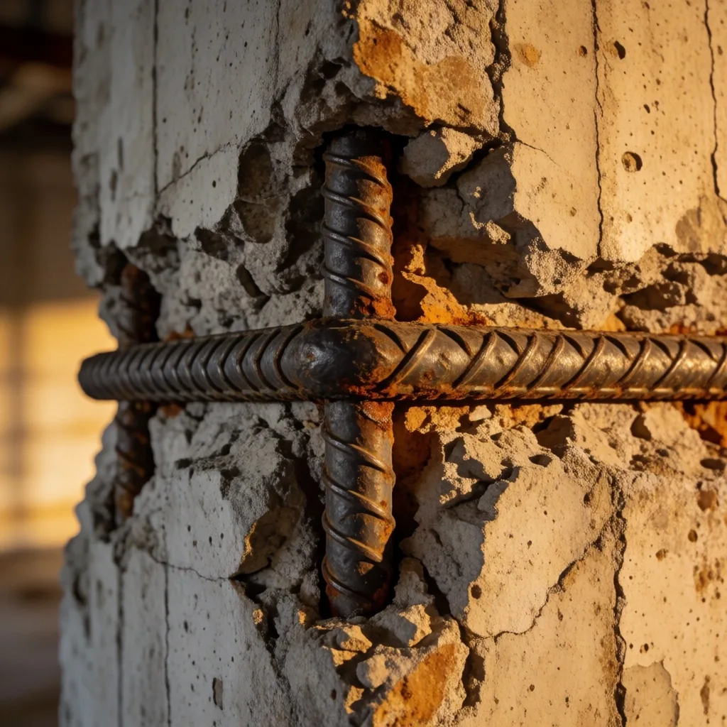 Pilar estructural de concreto expuesto con armadura de acero en inspección técnica