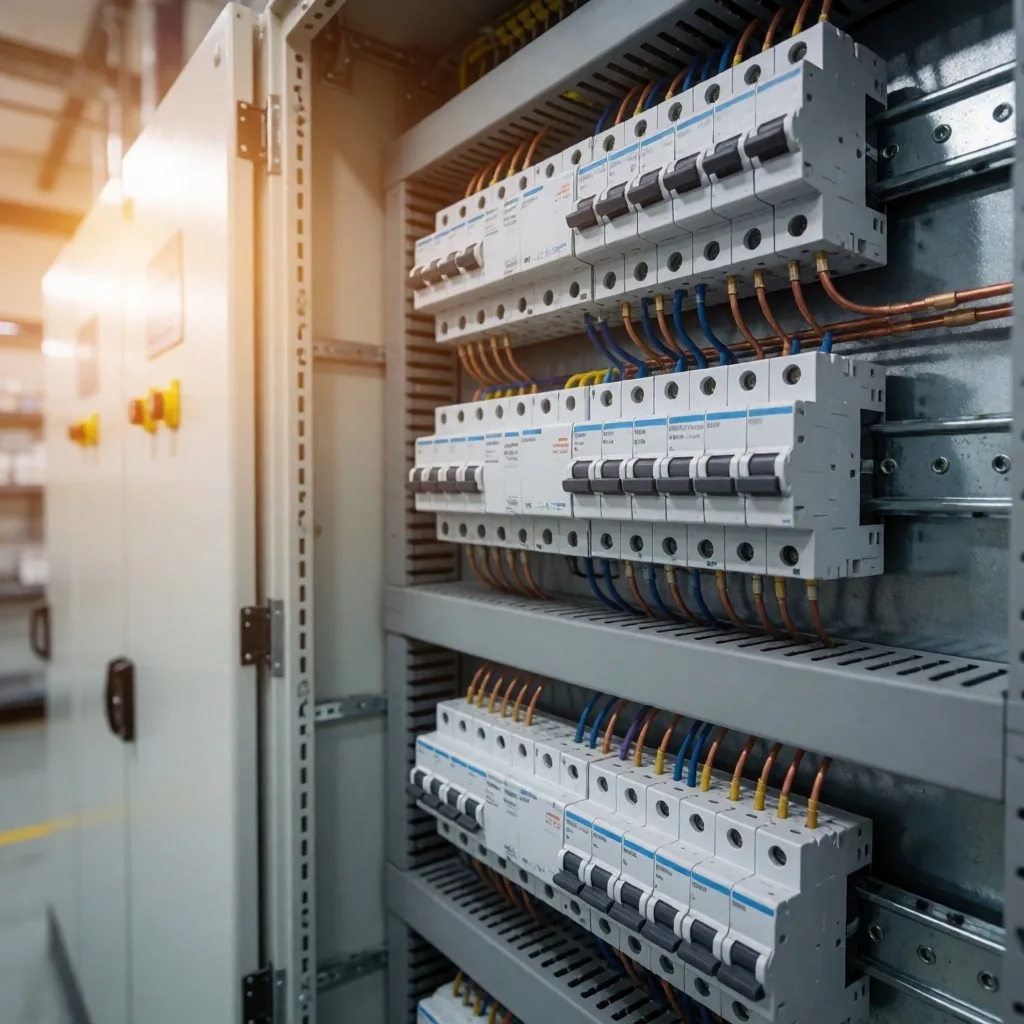 Tablero eléctrico industrial con llaves termomagnéticas en edificio comercial