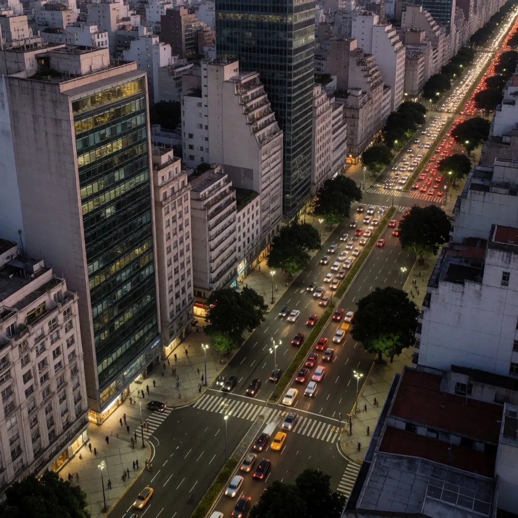 Avenida comercial en Buenos Aires al atardecer