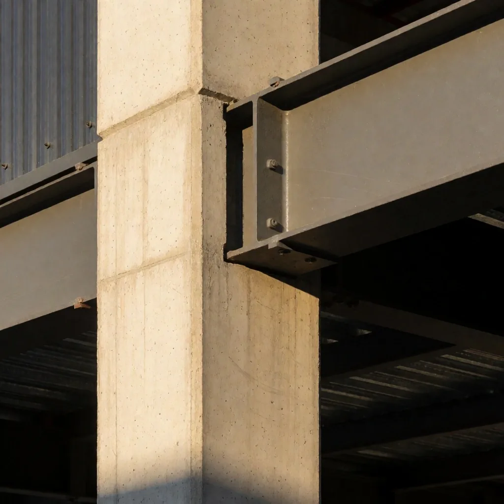 Columna estructural de hormigón y viga de acero en edificio comercial