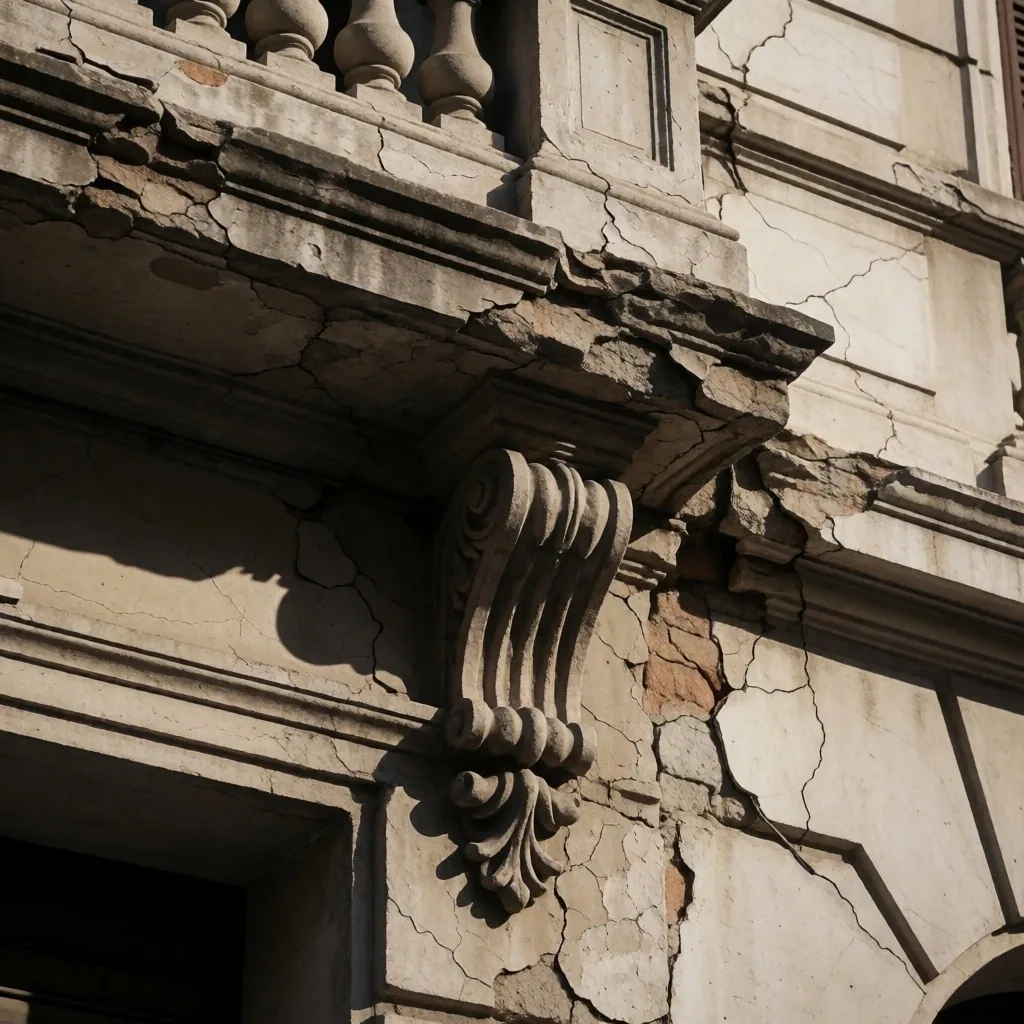 Fachada deteriorada con balcón en edificio antiguo