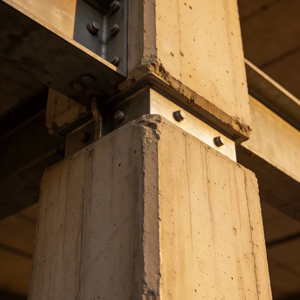 Detalle estructural de columna de hormigón con refuerzos de acero