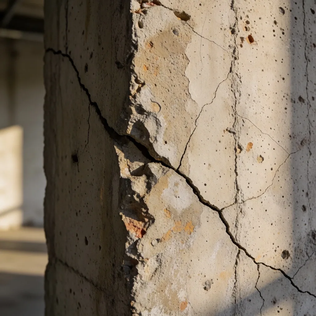 Columna de hormigón en estructura comercial con detalle de fisura
