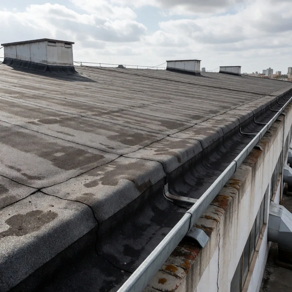 Cubierta de depósito comercial con membrana deteriorada y desagües obstruidos