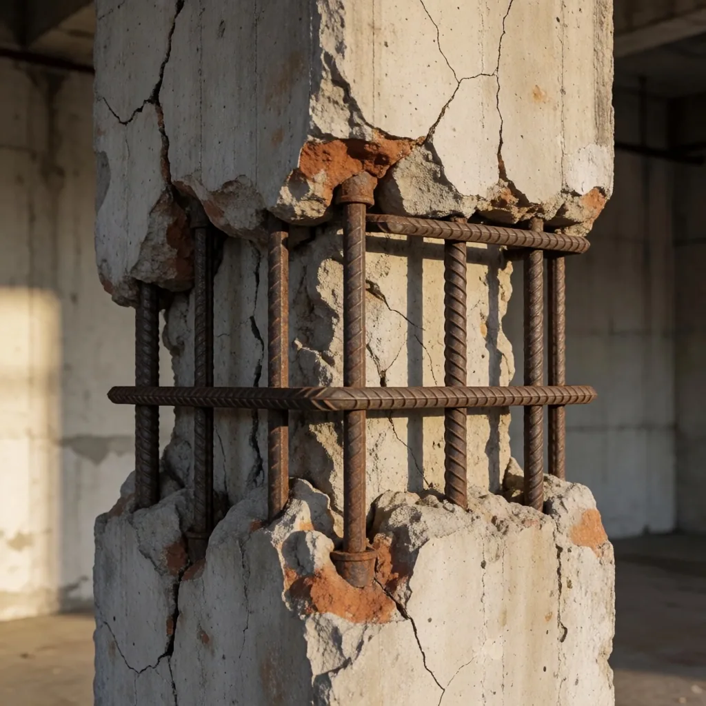 Columna de hormigón con exposición de armadura en edificio comercial