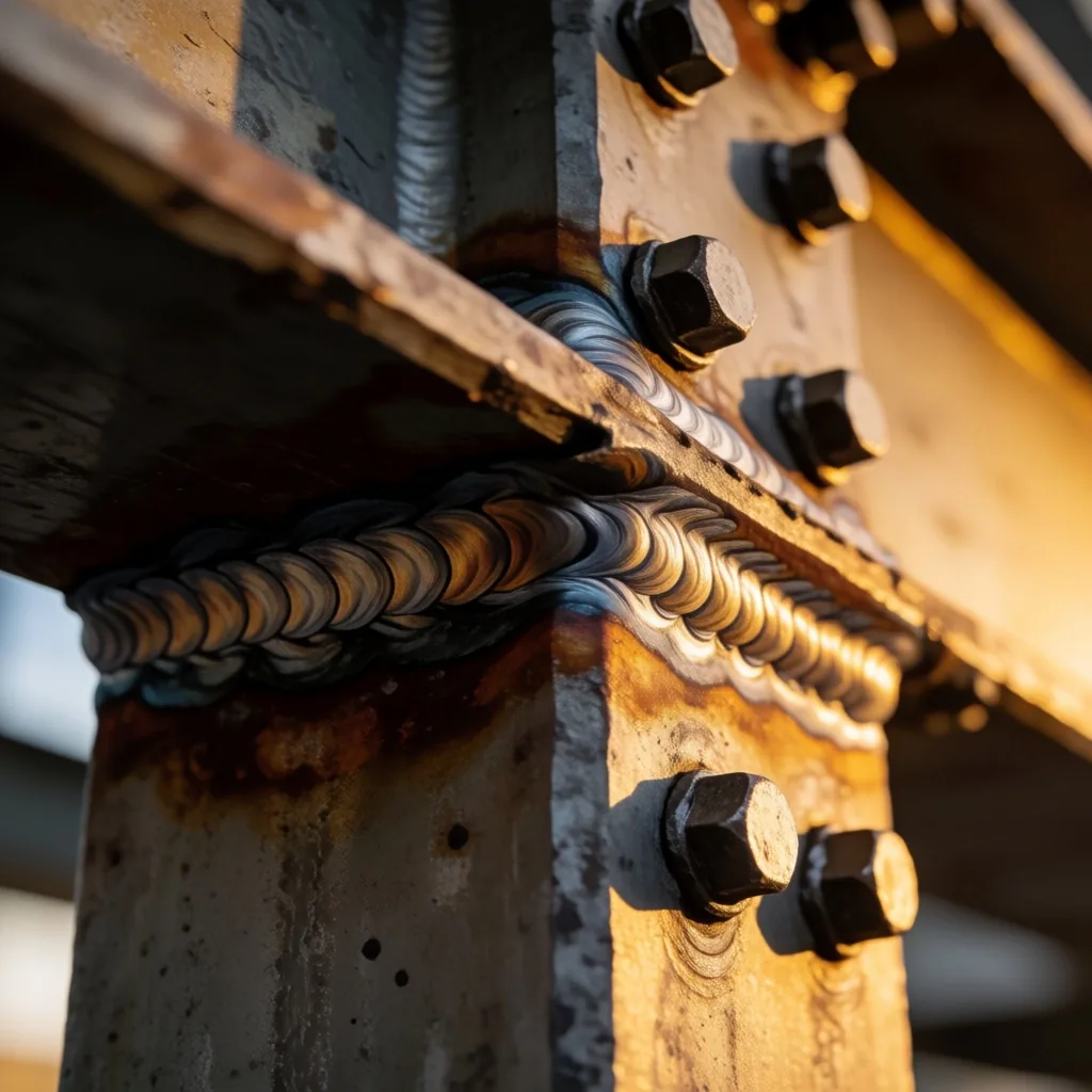Detalle de unión de viga de acero estructural con pernos y soldaduras